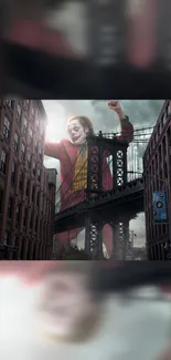 Clown towering over urban bridge in dynamic wallpaper.