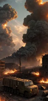 Epic urban destruction scene with fire and smoke.