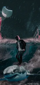 Surreal urban scene with a person surfing on a shark in a neon-lit city.