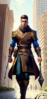 Epic warrior in a cityscape, wearing armor and carrying weapons, futuristic setting.