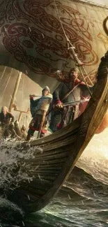 Viking ship braving stormy seas with ancient warriors aboard.