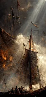 Viking ships sail through misty light in epic fantasy art wallpaper.