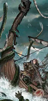 Viking ship battles sea monster in dynamic wallpaper scene.