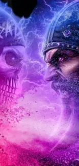 Illustrative wallpaper of a Viking facing a skull with electric purple and pink hues.