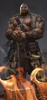 Epic Viking warrior holding a hammer in a dramatic pose for mobile wallpaper.