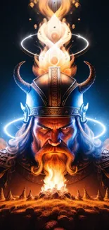 Epic Viking warrior with fiery aura and mystical effects.