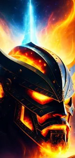 Epic Viking warrior helmet surrounded by fiery flames on a cosmic backdrop.