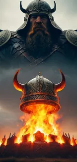 Epic Viking warrior with flaming helmet and dramatic sky.