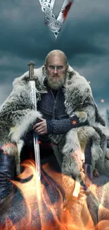 Epic Viking warrior seated amidst flames and icy landscape.