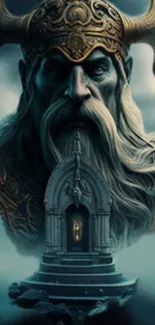 Epic Viking warrior in mystical surroundings on mobile wallpaper.