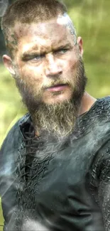 Viking warrior in leather armor with a rugged, intense expression.