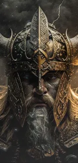 Epic Viking warrior in ornate helmet with dark dramatic lighting.