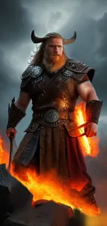 Epic Viking warrior in armor with fiery backdrop