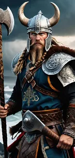 Viking warrior stands ready in battle armor with a stormy sea behind.