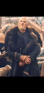 Viking warrior in fur coat amid wooden structures, exuding historical allure.