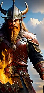 Epic Viking warrior in armor with fire and sky backdrop.