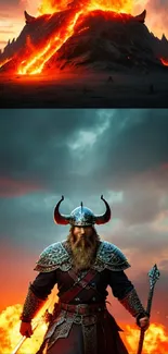 Epic Viking warrior with fiery background mobile wallpaper.