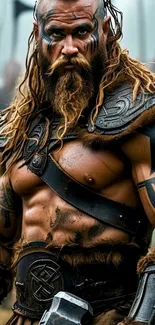 Epic Viking warrior with tattoos in battle stance.