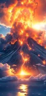 Dramatic volcanic eruption with fiery clouds and lava.