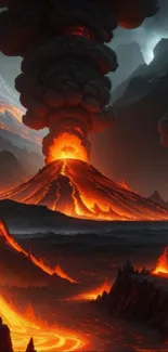 A stunning depiction of a volcanic eruption with flowing lava and ash clouds.