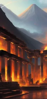 Epic ancient ruins with fiery volcanic eruption wallpaper.