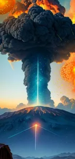 Fantasy art of an epic volcano eruption with vibrant orange and blue hues.