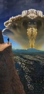 Majestic view of a volcanic eruption over a vast cityscape from a cliff edge.