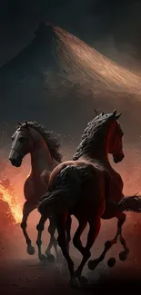 Two horses run through a fiery volcanic landscape.