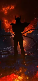 Silhouetted warrior against fiery volcanic backdrop.