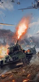 Epic scene of tanks and aircraft in intense battle with explosions.