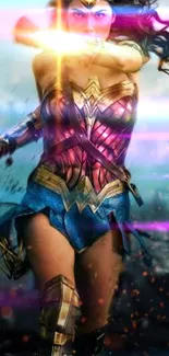 Epic female warrior in action with glowing sparks and vibrant colors.