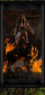 Powerful warrior atop beast with fiery backdrop