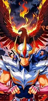 Epic anime character with a fiery phoenix overhead.