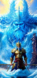 Epic fantasy wallpaper of a warrior and an ocean deity with blue waves and a vibrant sky.