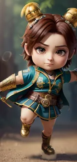 Chibi anime warrior in green and gold attire.