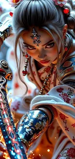 Epic anime warrior design with sword and vibrant colors.