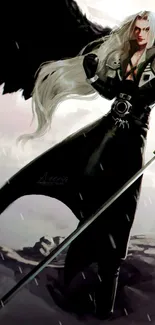 Anime warrior with long sword and dark cape in striking pose.