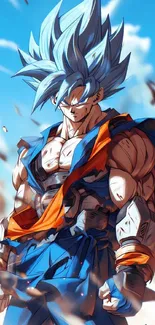 Epic warrior with blue hair in dynamic anime art style.