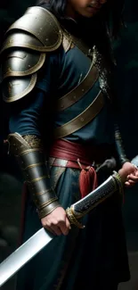 Warrior in armor holding a sword with a dark, mystical background.