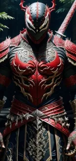 Epic warrior in red and black armor with sword in mystical forest.