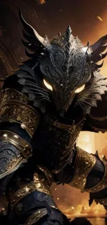 Epic warrior in dark ornate armor with fiery background.