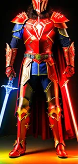 Heroic warrior wearing red and blue armor holding glowing swords.