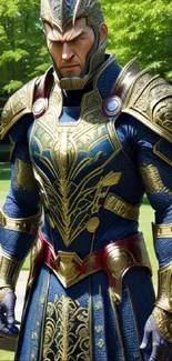 Epic warrior in gold and blue armor standing in garden.