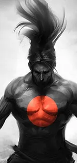 Epic warrior illustration with red circle on chest.