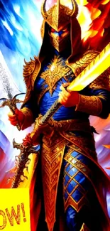 Epic warrior with swords in vibrant colors on stunning wallpaper.