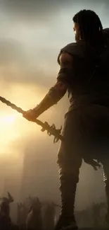 Epic silhouette of a warrior at dawn in a cityscape background.