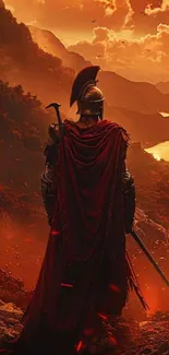 A lone warrior in a red cape overlooks a vibrant sunset.