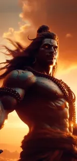 Epic warrior silhouette in vibrant sunset.