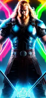 Epic warrior with neon aura and mystical swords.