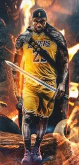 Basketball warrior in fiery scene wallpaper.